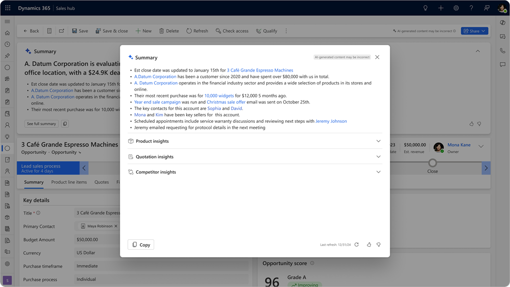 Screenshot of the Copilot opportunity summary pop-up window in Dynamics 365 Sales.
