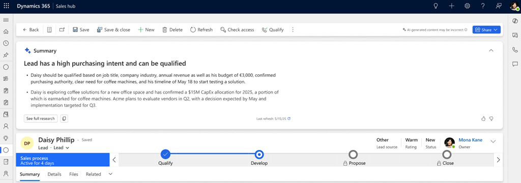 Screenshot of the expanded Copilot summary insight banner for a lead record with Sales Qualification Agent enabled in Dynamics 365 Sales.