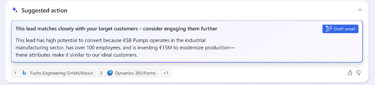 Screenshot of the Suggested action section of the Lead research page in research and engage mode.
