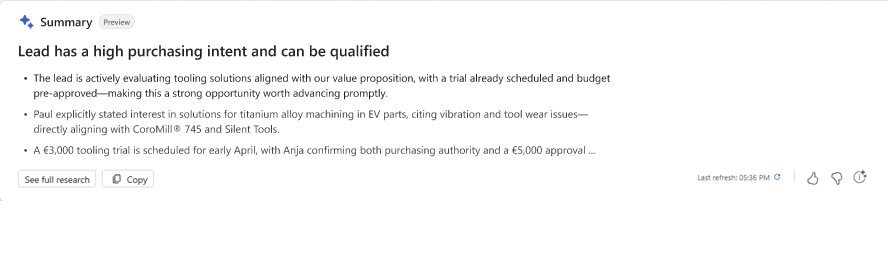 Screenshot of the lead research insights summary at the top of the lead form.