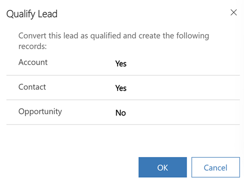Screenshot that shows account and contact records selected for creation in the Qualify lead dialog Screenshot that shows account and contact records selected for creation in the Qualify lead dialog.