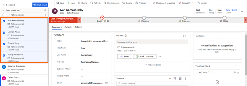 Screenshot of lead records selected to send bulk email to.