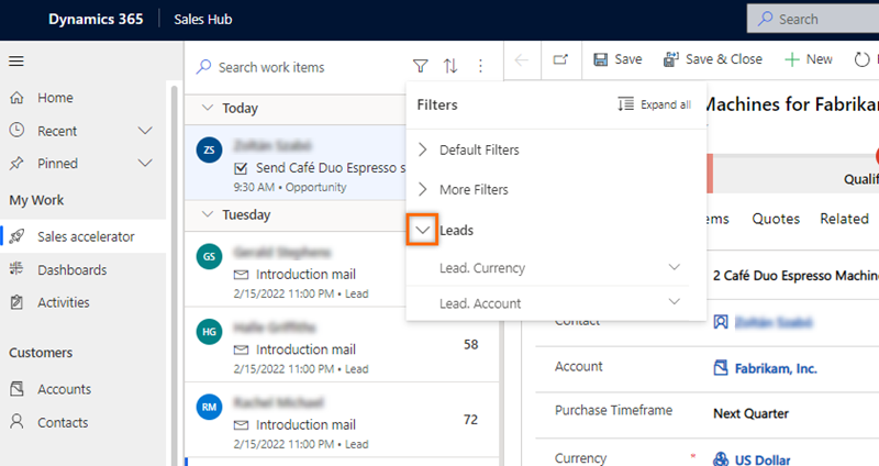 Screenshot of selecting Leads from filters.