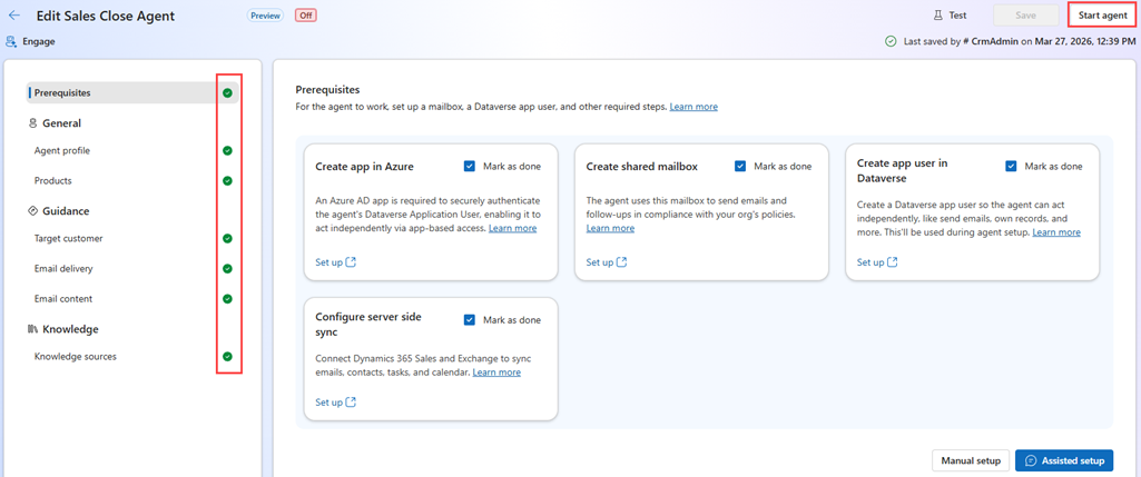Screenshot of selecting start agent option on the Sales Close Agent settings page.