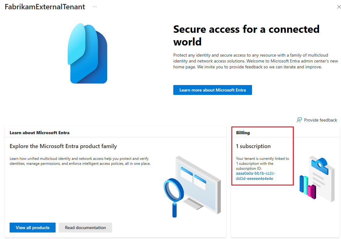 Screenshot that shows an example external tenant linked to a subscription.