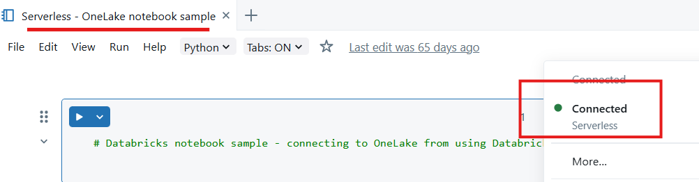 Screenshot showing how to connect Databricks notebook with serverless compute.