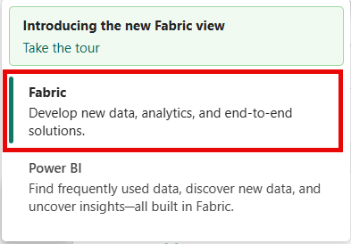 Screenshot that shows how to switch to the Fabric workload.