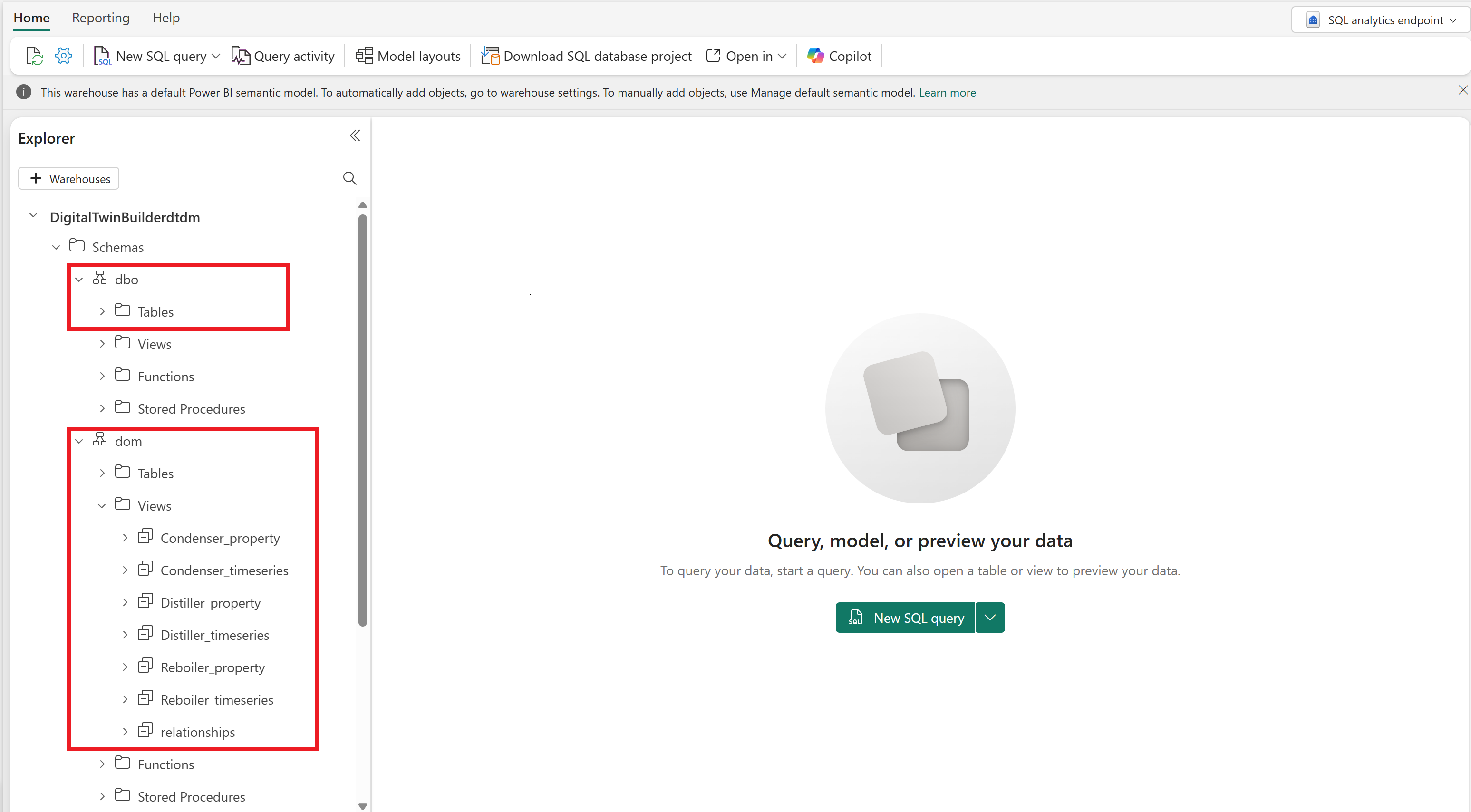 Screenshot of the SQL endpoint schemas.