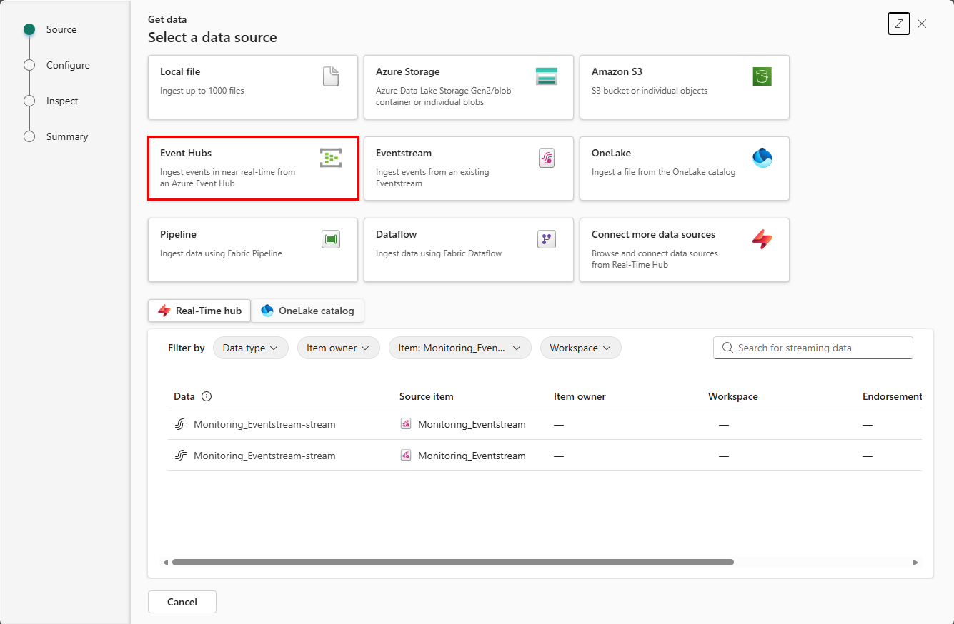 Screenshot of the get data tiles with the Event Hubs option highlighted.