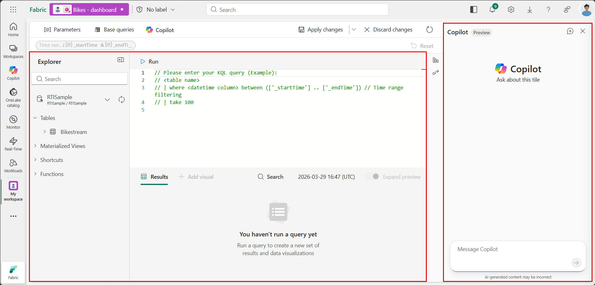 Screenshot of the three panes in the tile editing window: Explorer, Run query, and Copilot.