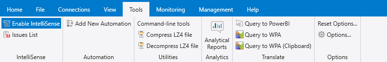 Screenshot of the Tools tab that shows its six sections.
