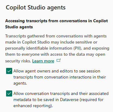 Screenshot of Copilot Studio settings section for environments in the Power Platform admin center.