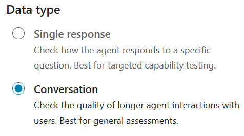 Screenshot showing the conversation option selected for creating test sets.