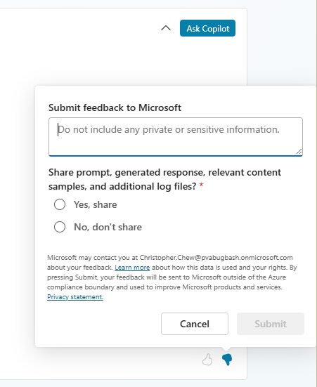 Screenshot of the Submit feedback to Microsoft panel.