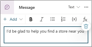 Screenshot of a Message node on the Copilot Studio authoring canvas.