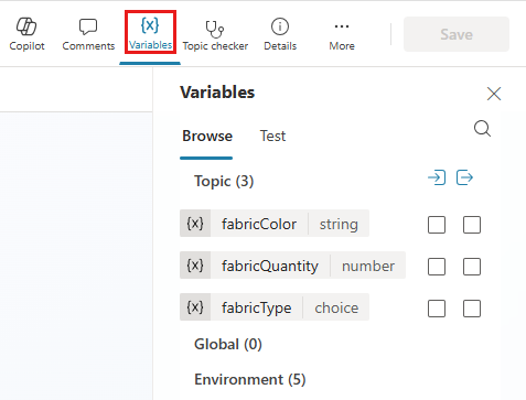 Screenshot of the Variables panel, with the Variables button highlighted.