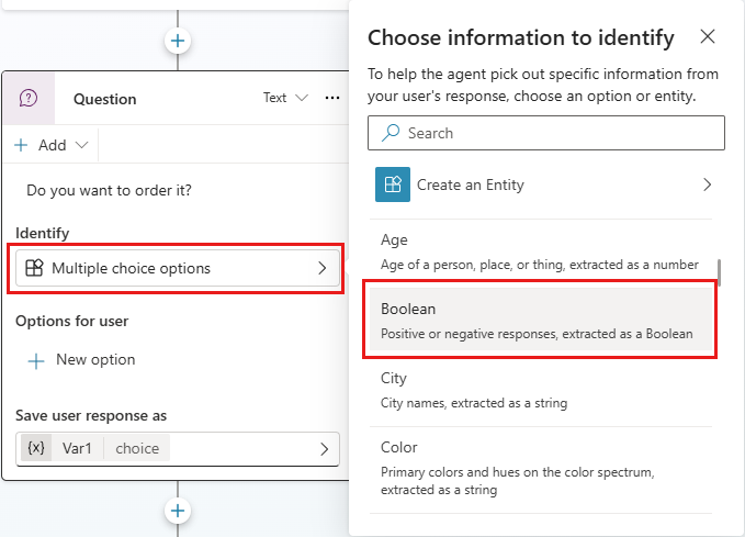 Screenshot of a Question node with the 'Choose information to identify' panel open.