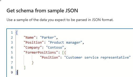 Screenshot showing the editor where you enter sample JSON data.