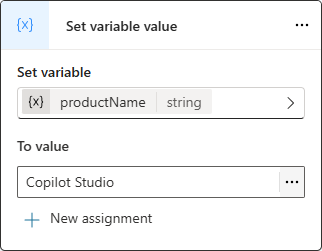Screenshot showing the use of a literal value for a variable input parameter named productName.