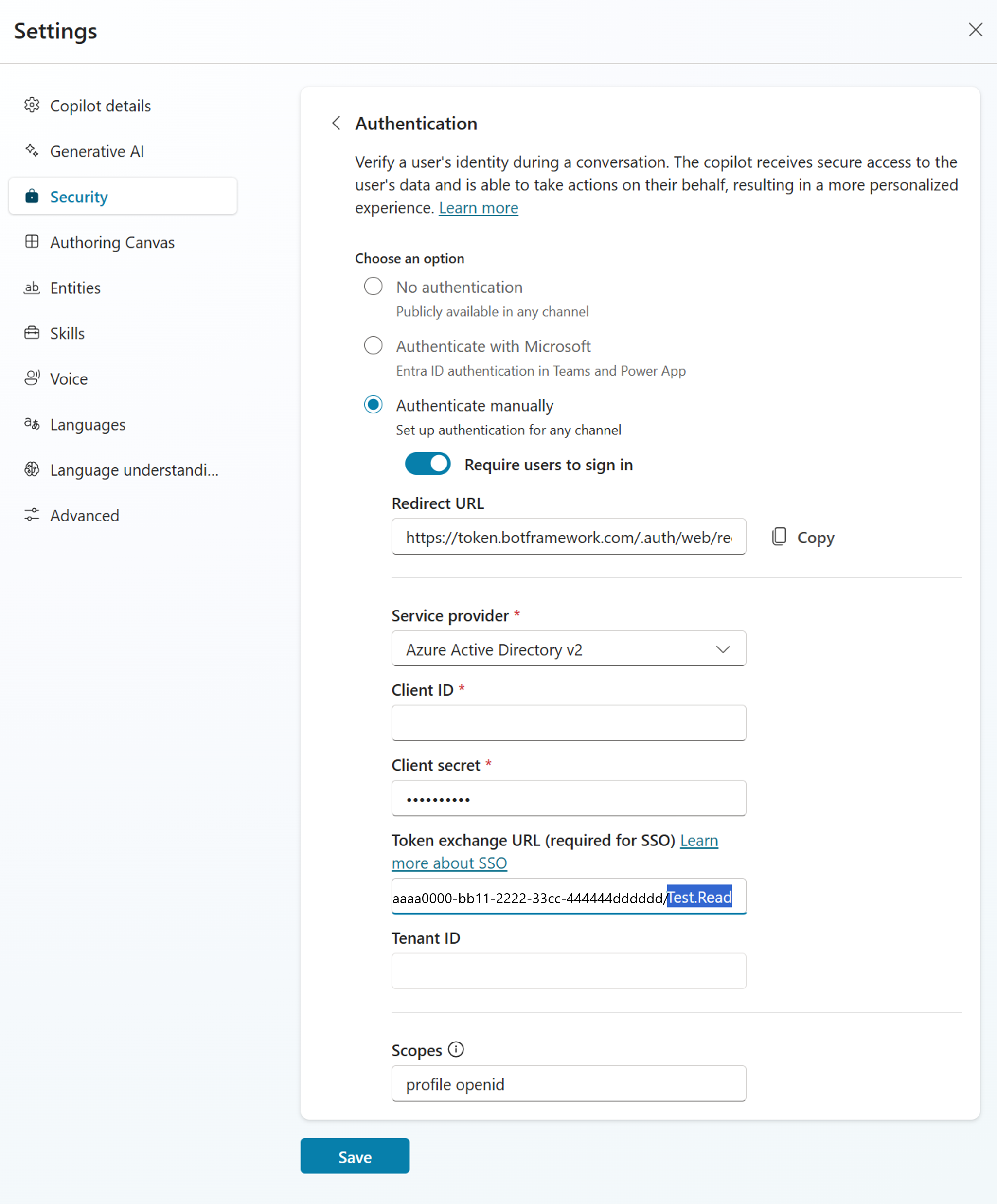 Screenshot of where to paste the token exchange URL in Copilot Studio.