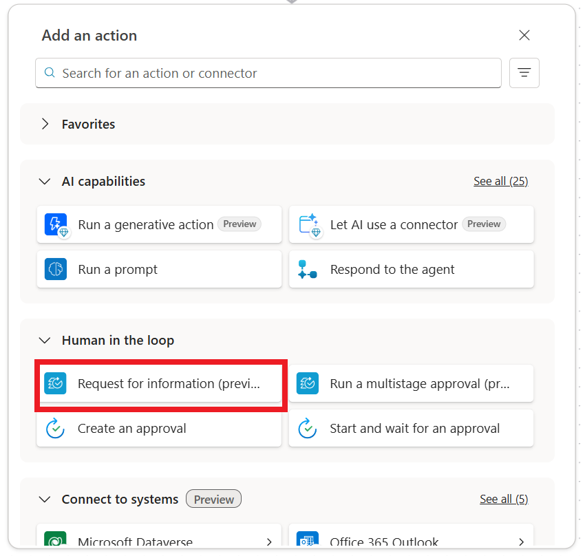 Screenshot of the Request for information action in agent flows.