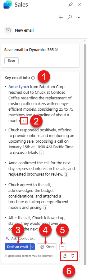 Screenshot of an email summary card in the Sales pane in Outlook when replying to an email, with numbered callouts.