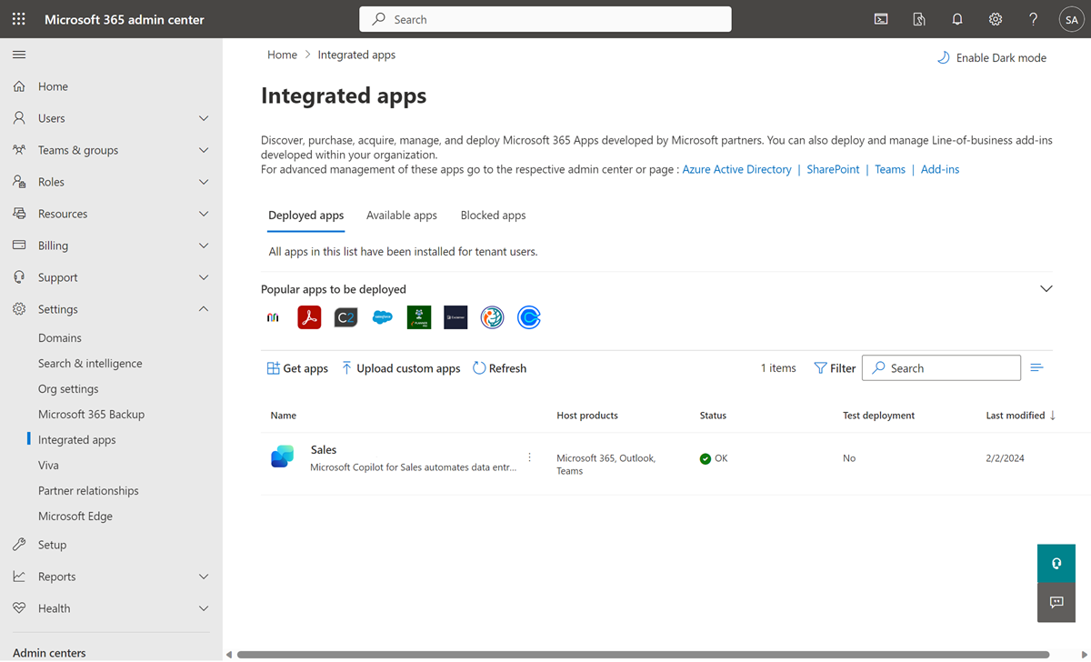Screenshot showing the Sales agent installed as an integrated app. Screenshot showing the Sales agent installed as an add-in for Outlook.