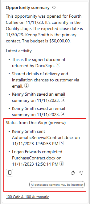 Sceenshot showing latest activities from DocuSign.