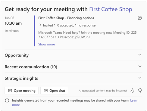 Screenshot of the meeting preparation card in Teams chat.