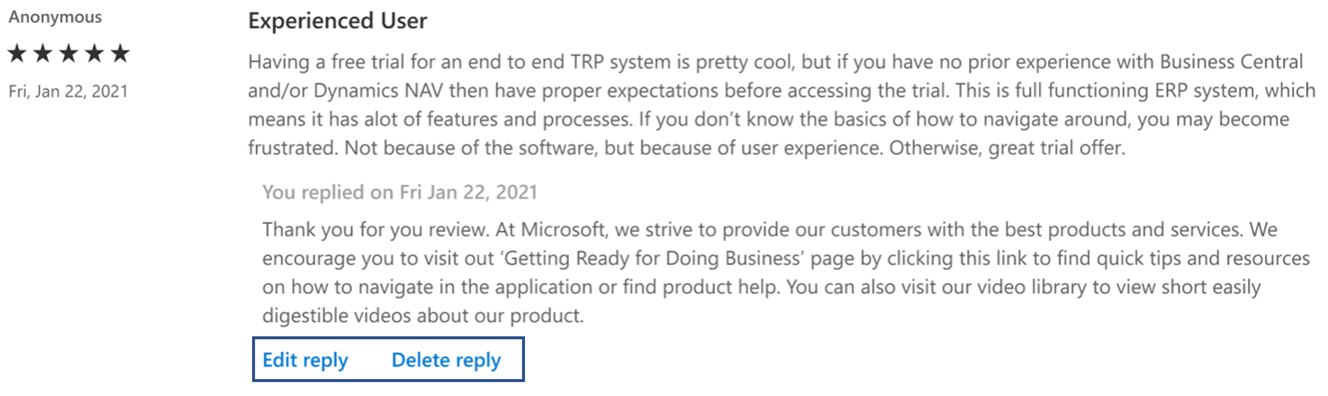 Screenshot showing the Edit and Delete review buttons for an offer in Microsoft Marketplace.