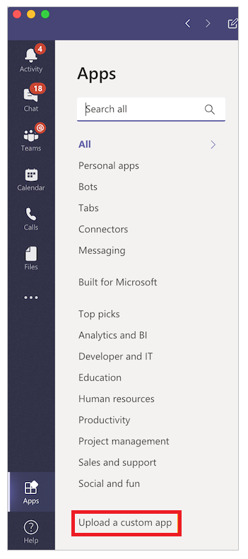 Upload a custom app Add app as tab.