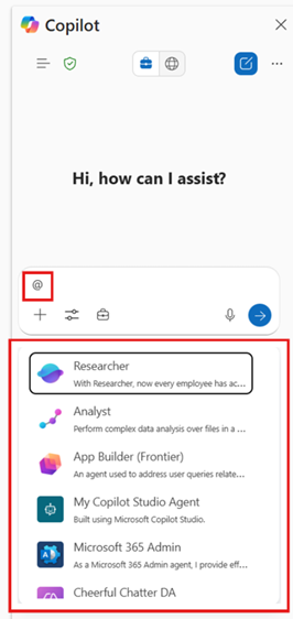 Screenshot that shows how to @ mention agents in Microsoft 365 Copilot.