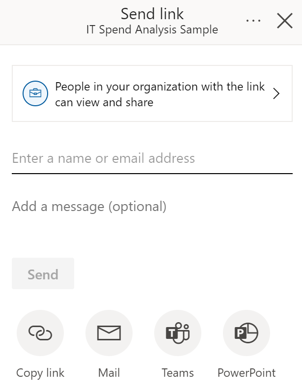 Screenshot of the Share link dialog in Power BI showing People in your organization, Specific people, and People with existing access options for sharing reports and dashboards.