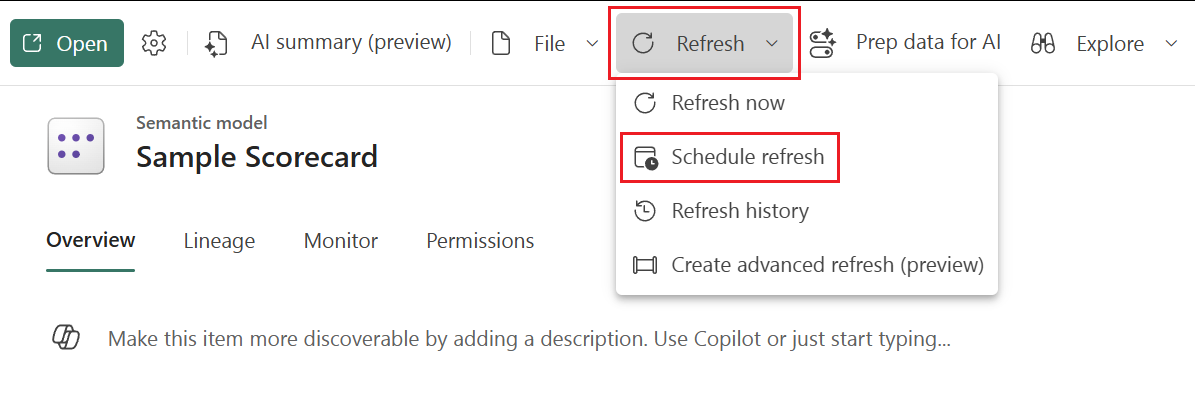 Screenshot of schedule refresh menu option on a semantic model details page in the Power BI service.