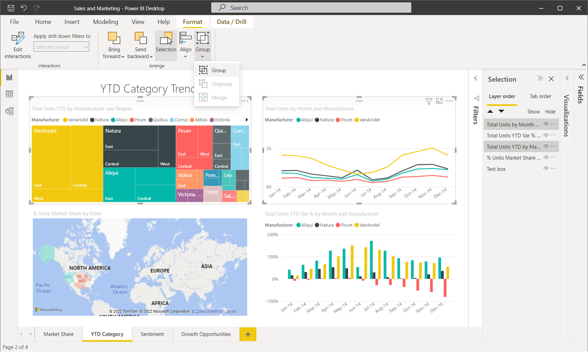 Screenshot of grouped visuals in Power BI Desktop.