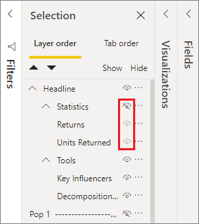 Screenshot of hiding and displaying groups in the Selection pane.
