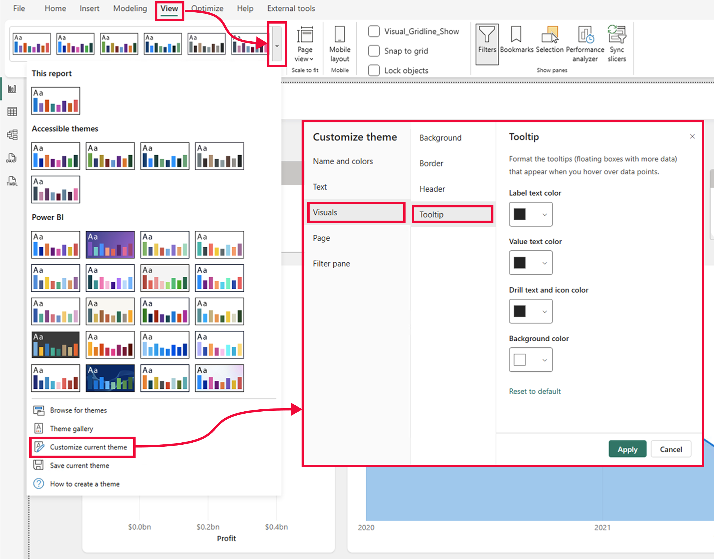Screenshot of Tooltip styling options, in the Customize current theme dialog.