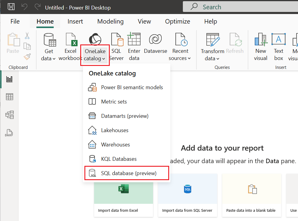 Screenshot that shows selecting SQL database from the OneLake catalog.
