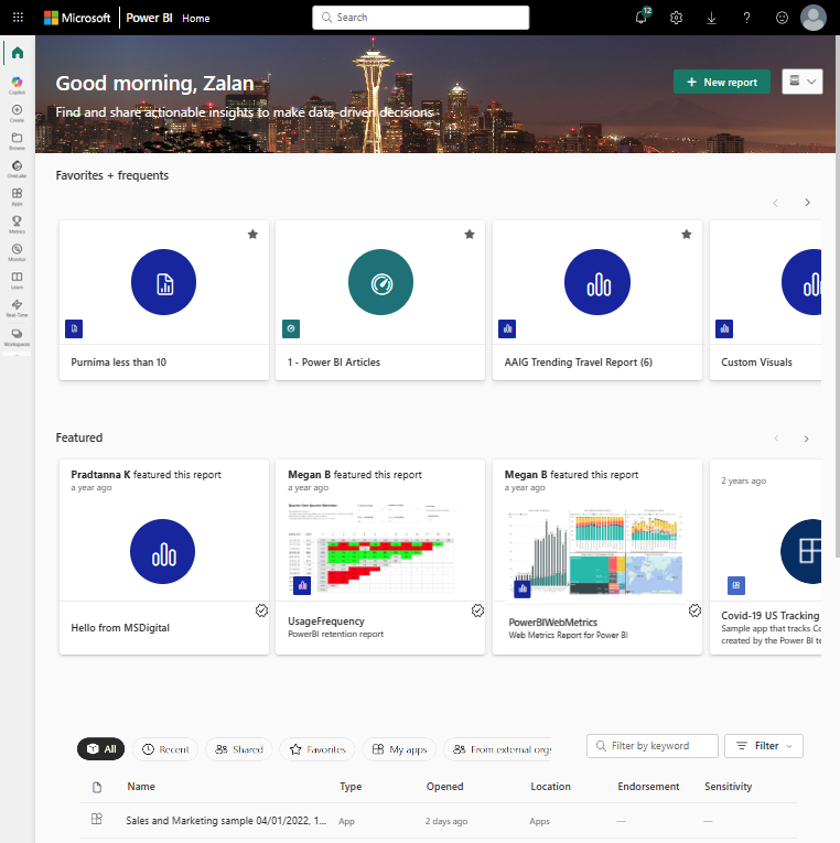 Screenshot of the Power BI Home page showing the navigation pane on the left.