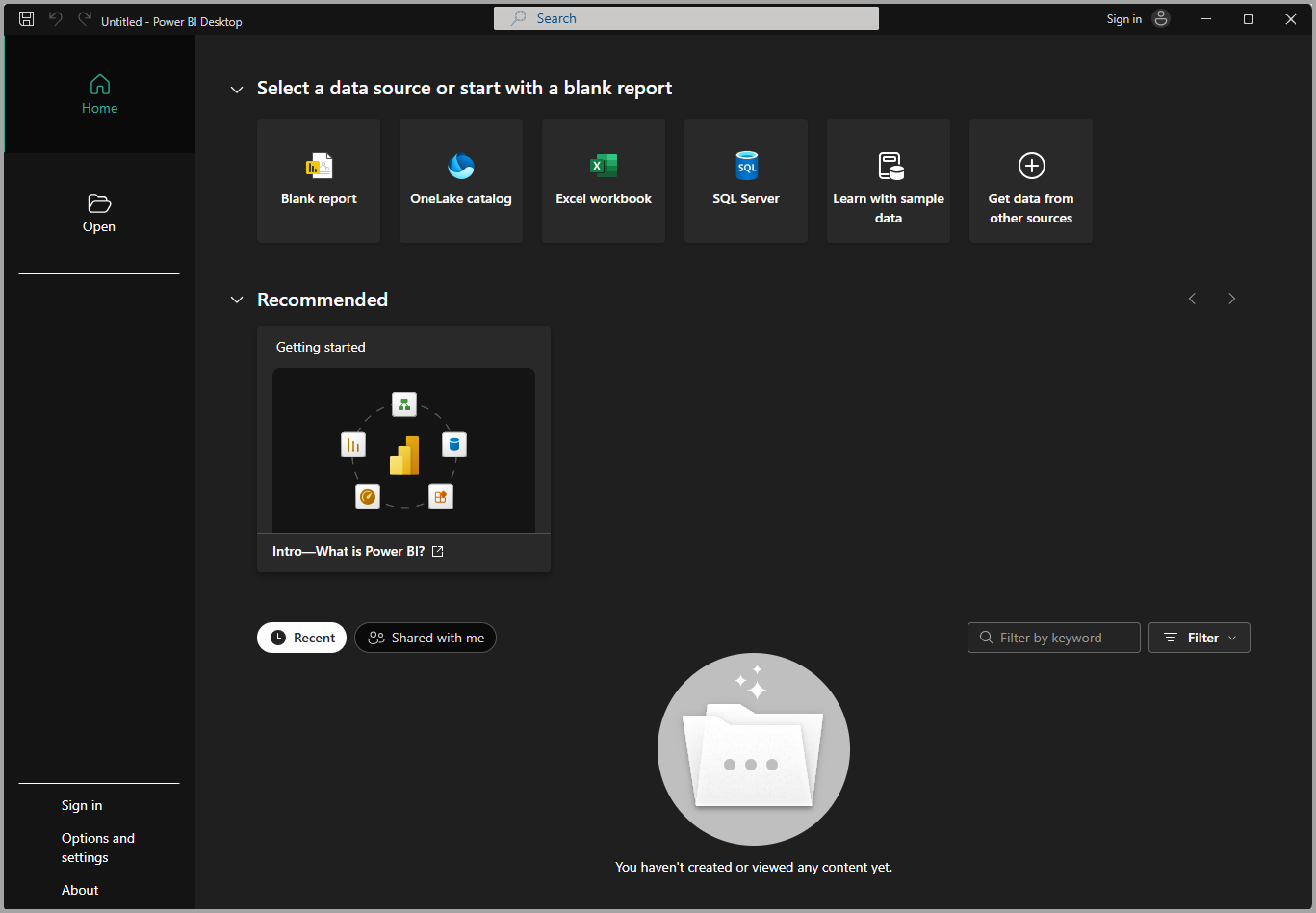 Screenshot of Power BI Desktop installation showing the welcome screen.