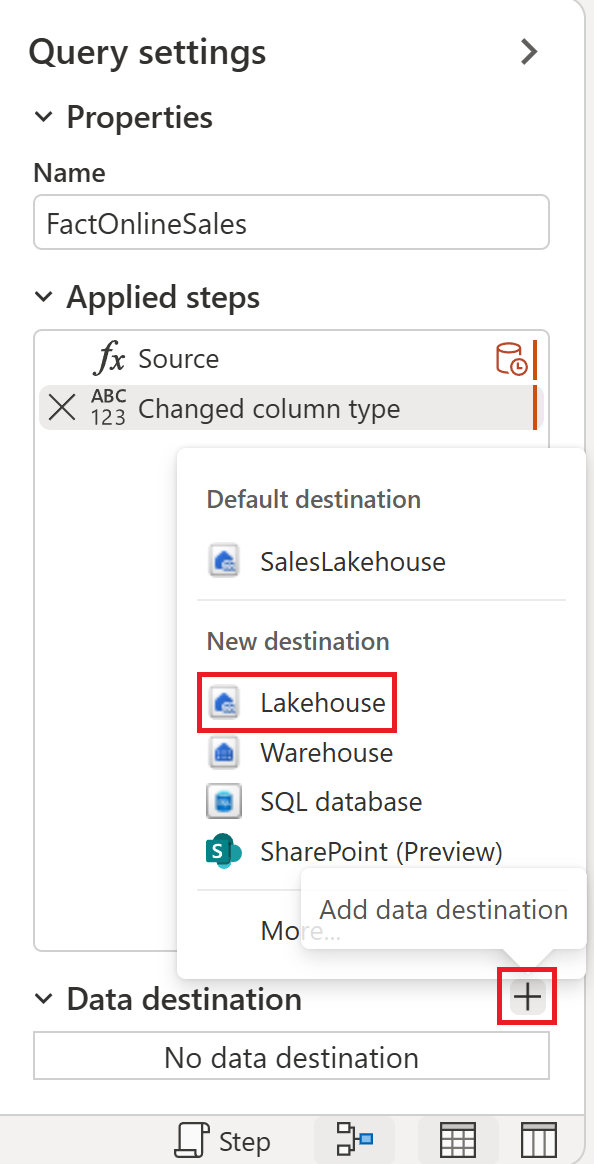 Screenshot showing the data destination modify section and settings icon.