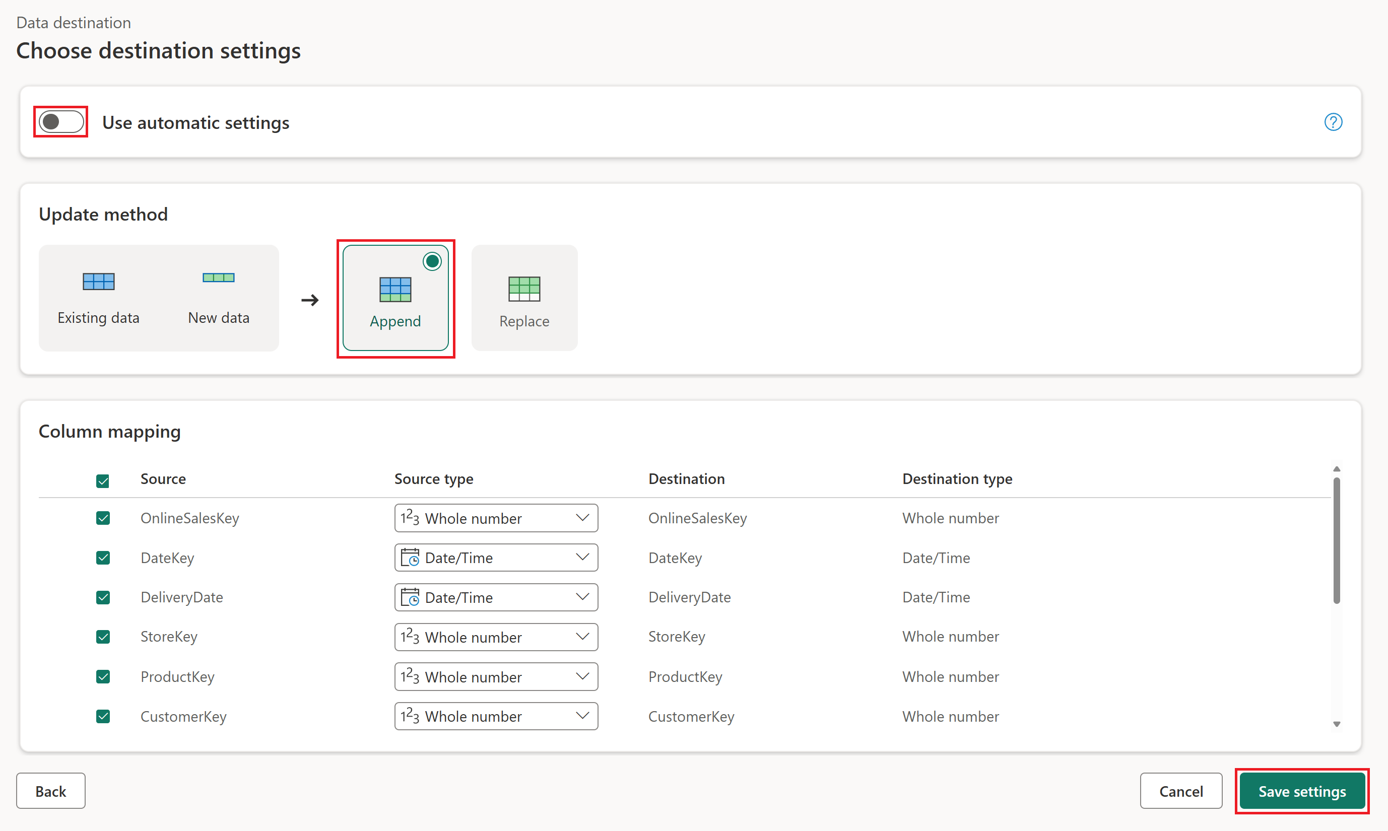 Screenshot of the destination settings menu selection.