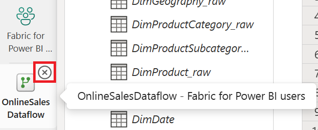 Screenshot of the close button within Power Query Online.