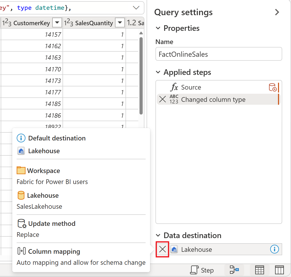 Screenshot of the data destination modify section and settings icon.