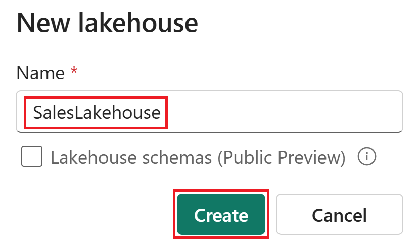Screenshot showing the Lakehouse name input field.