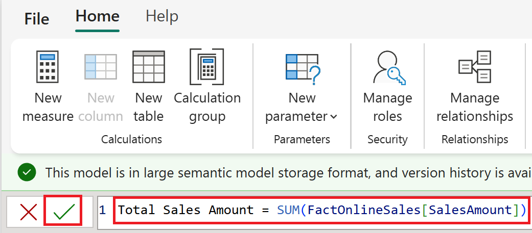 Screenshot of Select the check mark to commit a DAX measure.