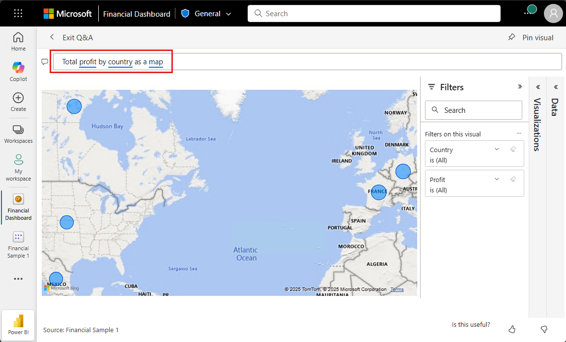 Screenshot of the Q&A map visualization of the Financial Sample data for total profit by country and region.