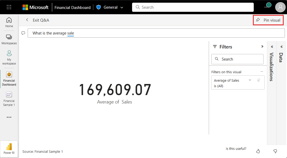 Screenshot that shows how to pin the Q&A answer visualization to a dashboard.