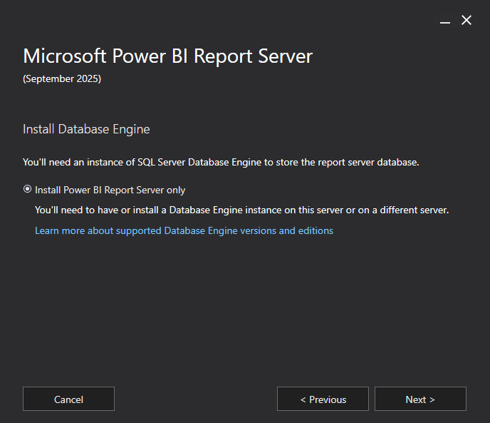 Screenshot of the Install Database Engine page in the Power BI Report Server installer, with the Install Power BI Report Server only option selected.