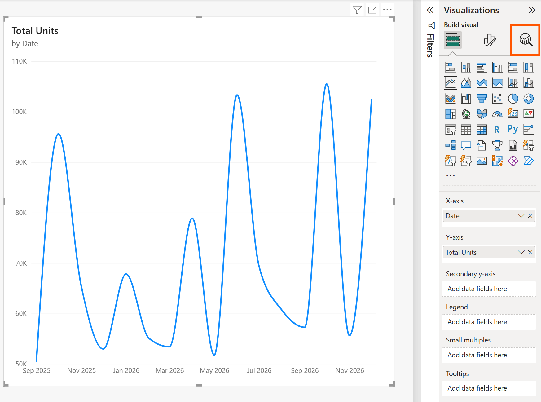 Screenshot of a visual and the analytics icon highlighted in the Visualizations pane.